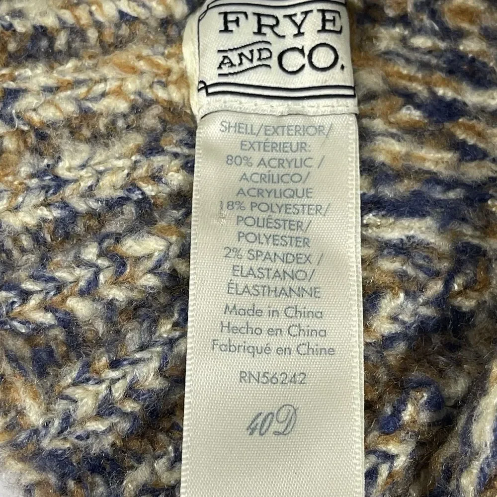 Frye and Co. Marled Knit Beanie Hat Blue Brown Tan Faux Leather Logo Tab One Six